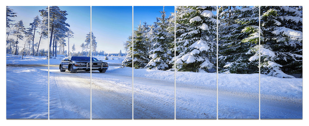 SUV Car Though Snowy Winter, Landscape Canvas Art Print, 83"x32", 7 Panels