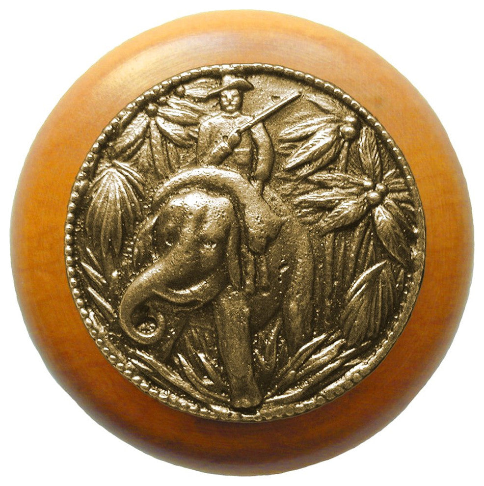 Jungle Patrol Wood Knob, Antique Brass, Maple Wood Finish, Antique Brass