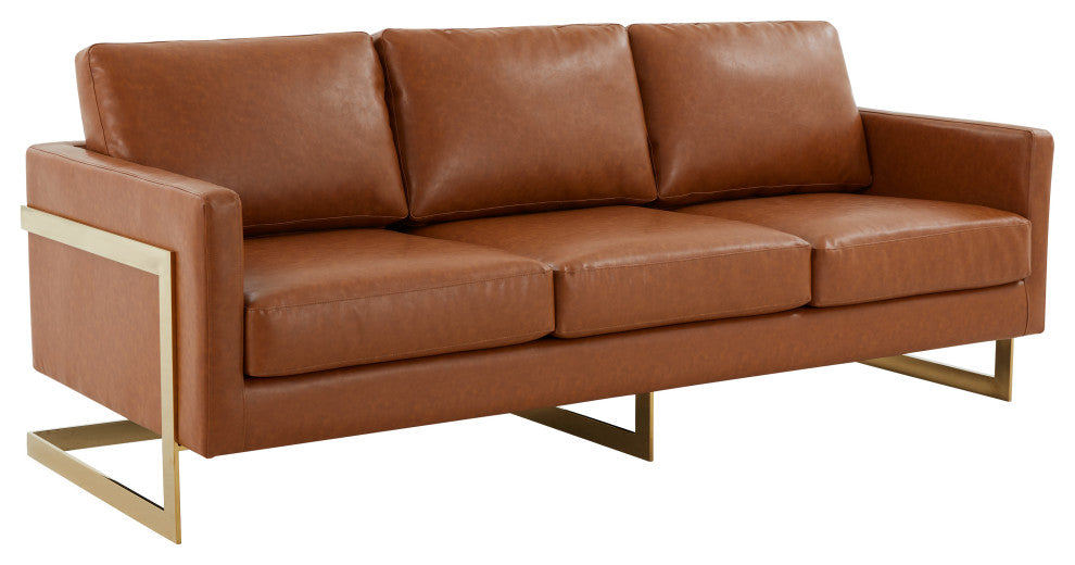 LeisureMod Lincoln Modern Leather Sofa With Gold Frame, Cognac Tan