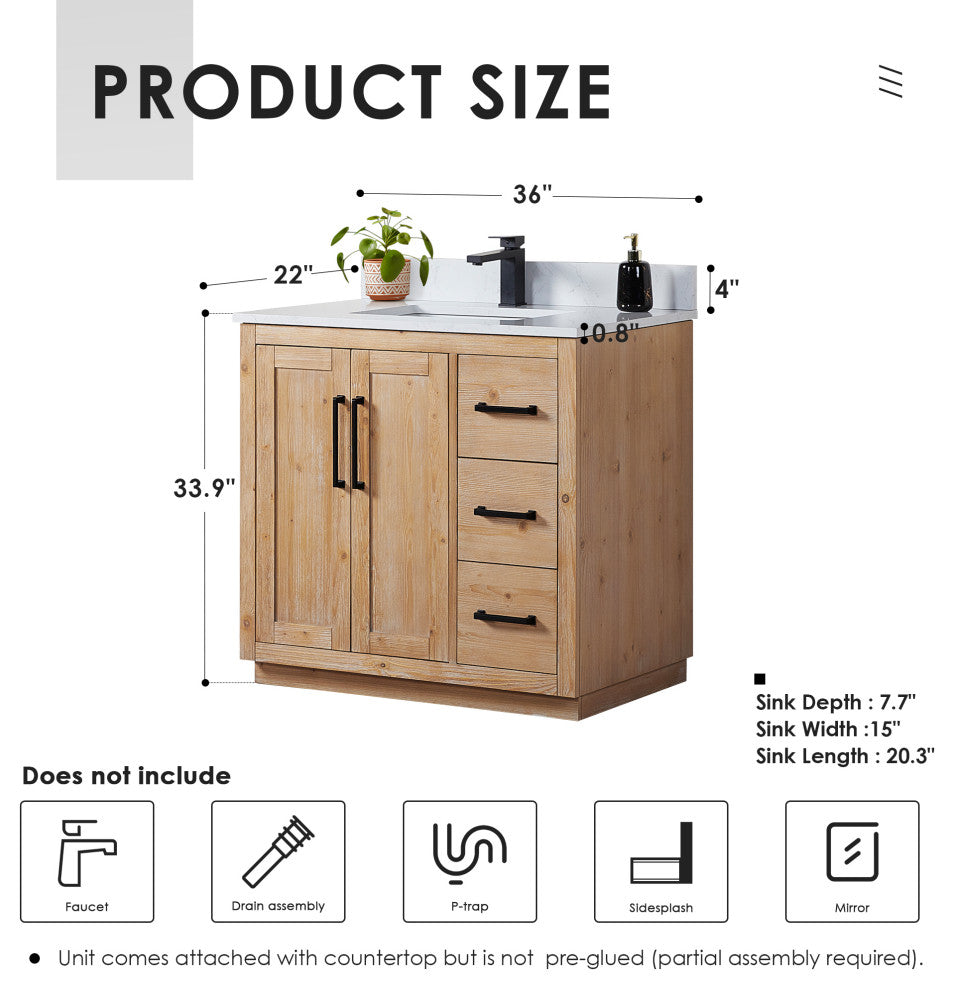 Cicero Vanity, Grain White Engineered Stone Countertop, Light Brown, 36", No Mirror