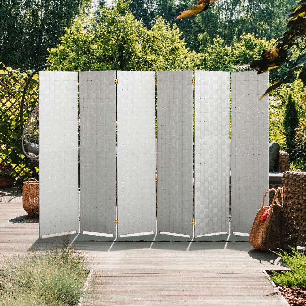 6 ft. Tall Woven Fiber Outdoor All Weather Room Divider 6 Panel White