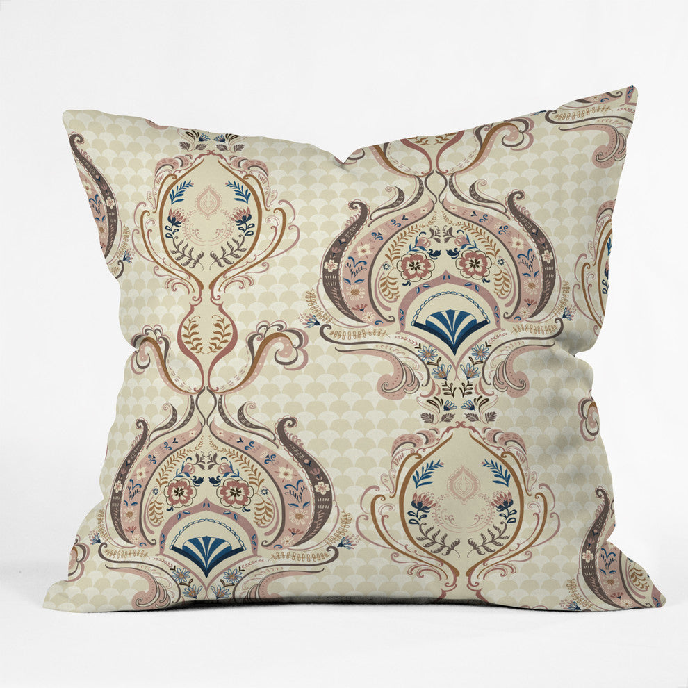 Pimlada Phuapradit Pink And Off White Floral Damasks Outdoor Throw Pillow