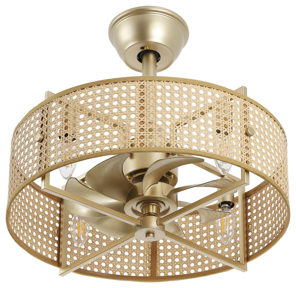 GetLedel 18" Rattan Drum Caged Ceiling Fan With Light and Remote, Gold