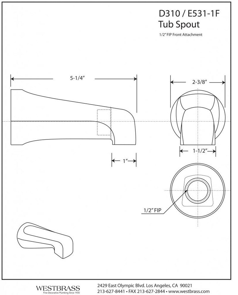 Standard 5.5" Tub Spout In Powder Coated White