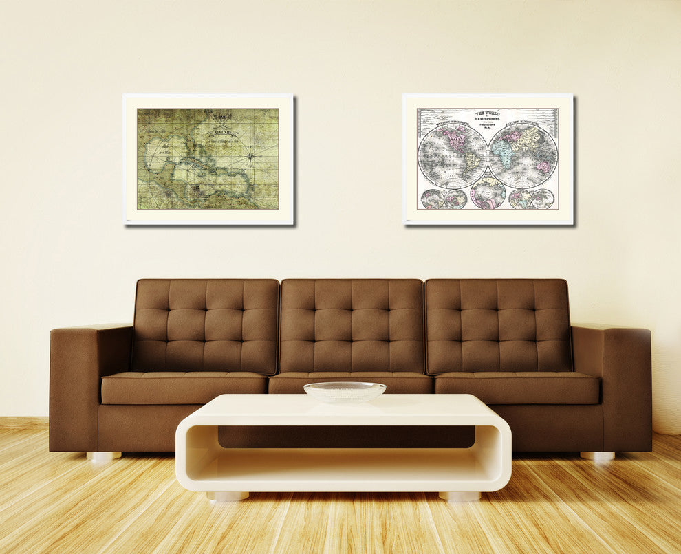 Caribbean Old Map Print On Canvas With Picture Frame Art Collection 16" X 21"