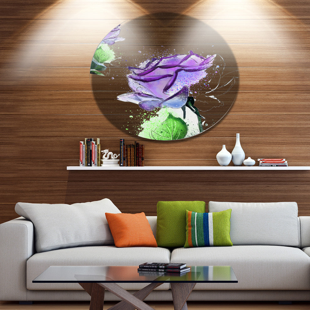 Blue Rose Flowers With Green Leaves, Floral Round Wall Art, 23"