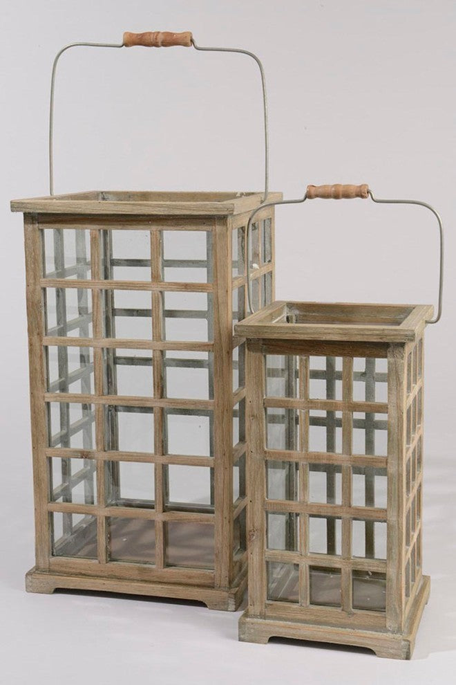 Tea Garden Rustic Natural Fir Wooden Pillar Candle Lanterns, 19.5", 2-Piece Set