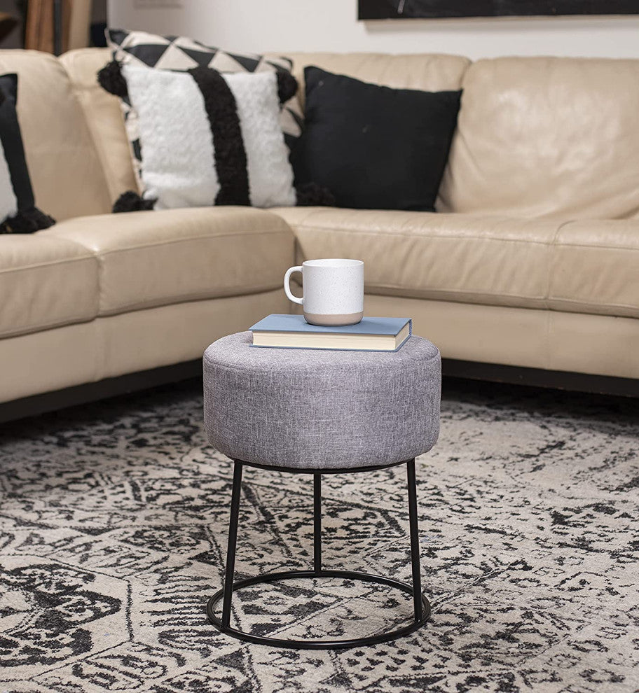 Grey Linen Foot Stool Ottoman "“ Soft Compact Round Padded Seat