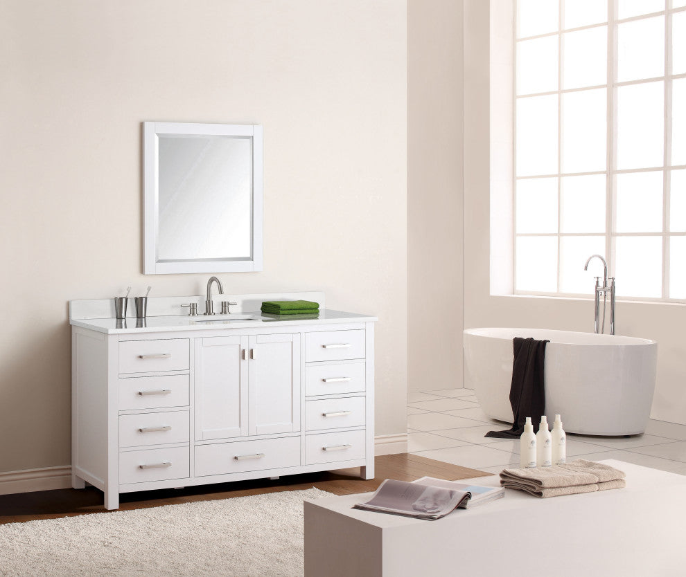 Avanity Modero 60" Single Vanity, White, Cala White Engineered Stone Top
