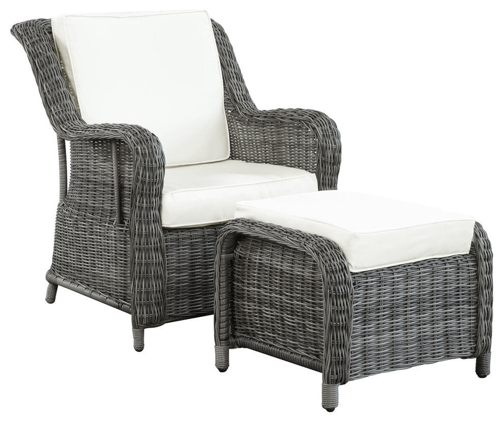 Modern Outdoor Patio Rattan and Wicker Jour Armchair and Ottoman Gray White