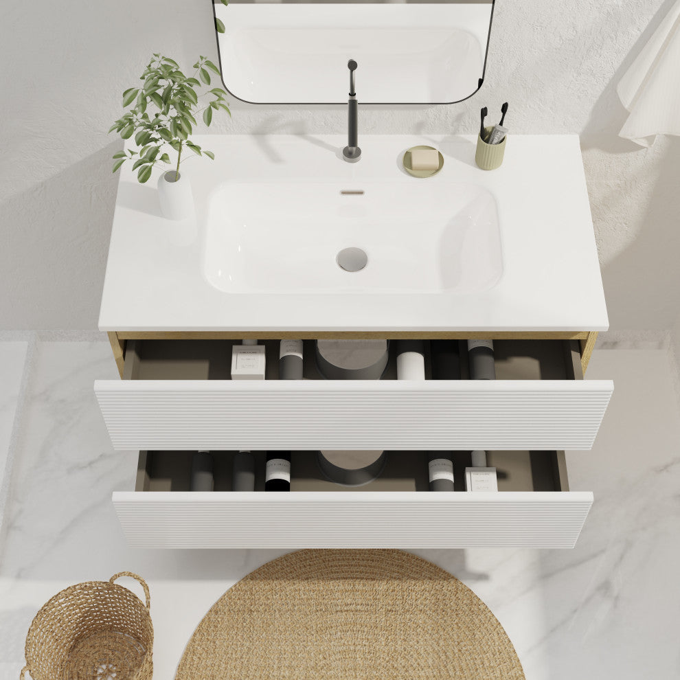 Wall-Mounted Bathroom Vanity Set with Integrated Ceramic Sink, White, 36"