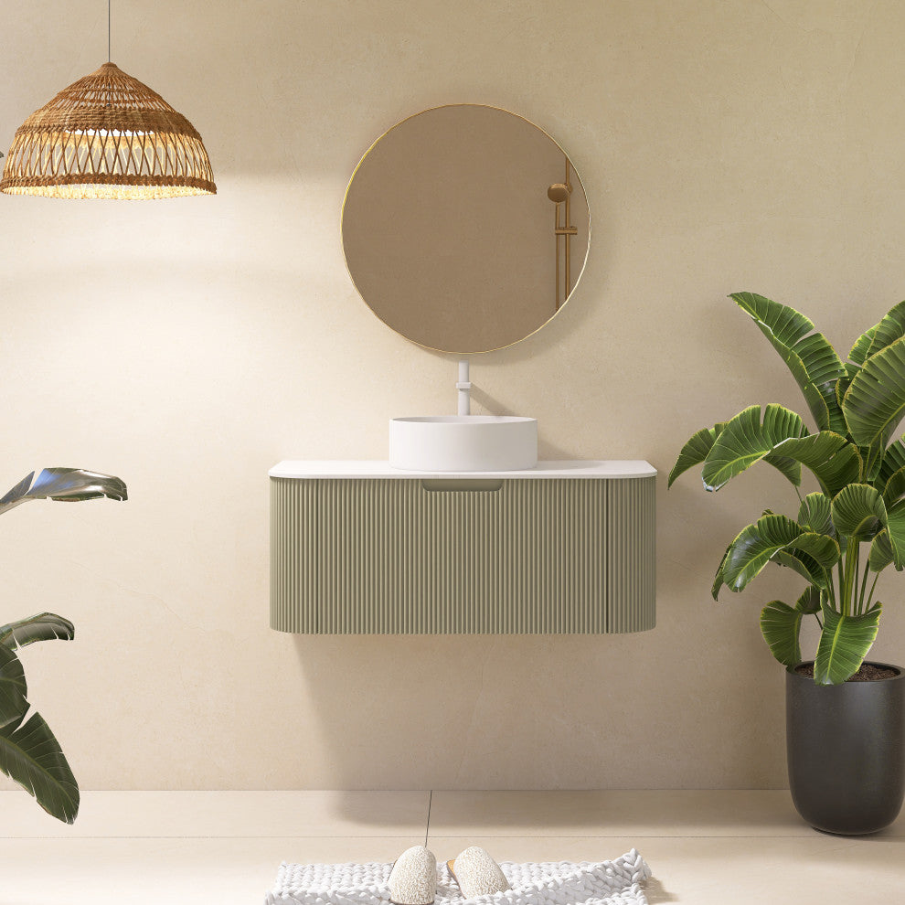 Wall-Mounted Bathroom Vanity With White Round Ceramic Basin, Light Green, 36"
