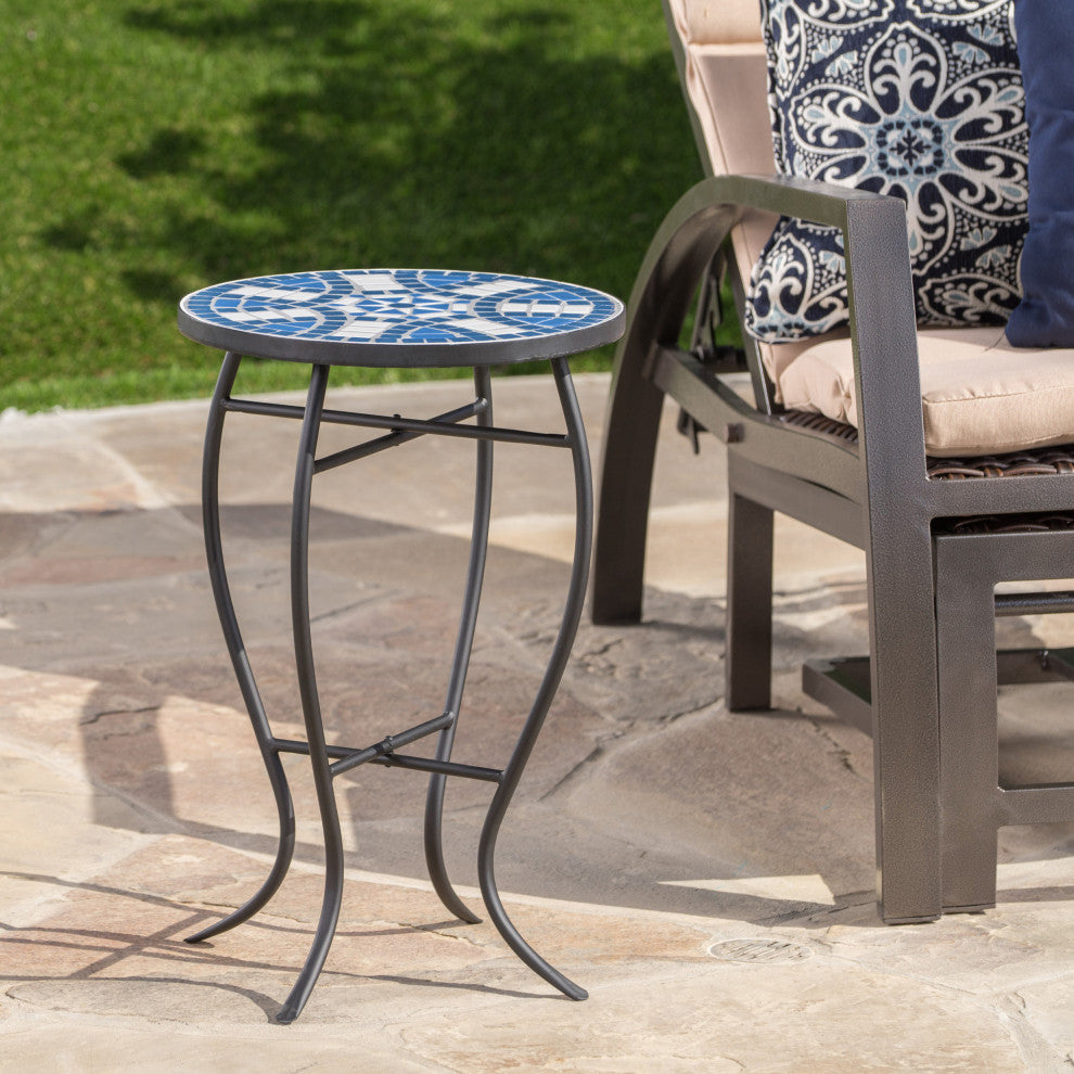 GDF Studio Harington Outdoor Blue and White Ceramic Tile Iron Frame Side Table