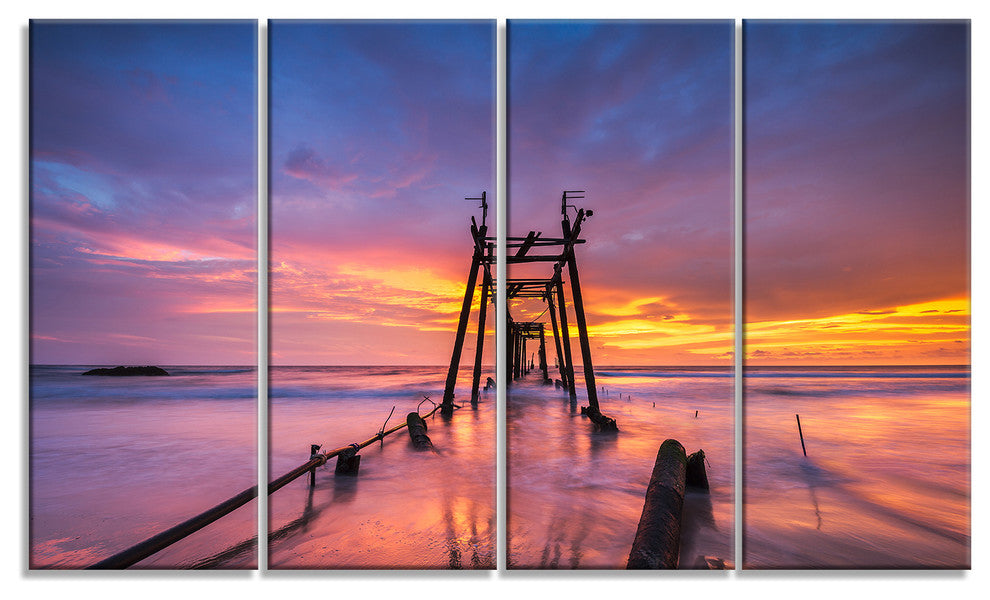 "Broken Wooden Bridge At Sunset" Sea Pier and Bridge Wall Art, 4 Panels, 48"x28"