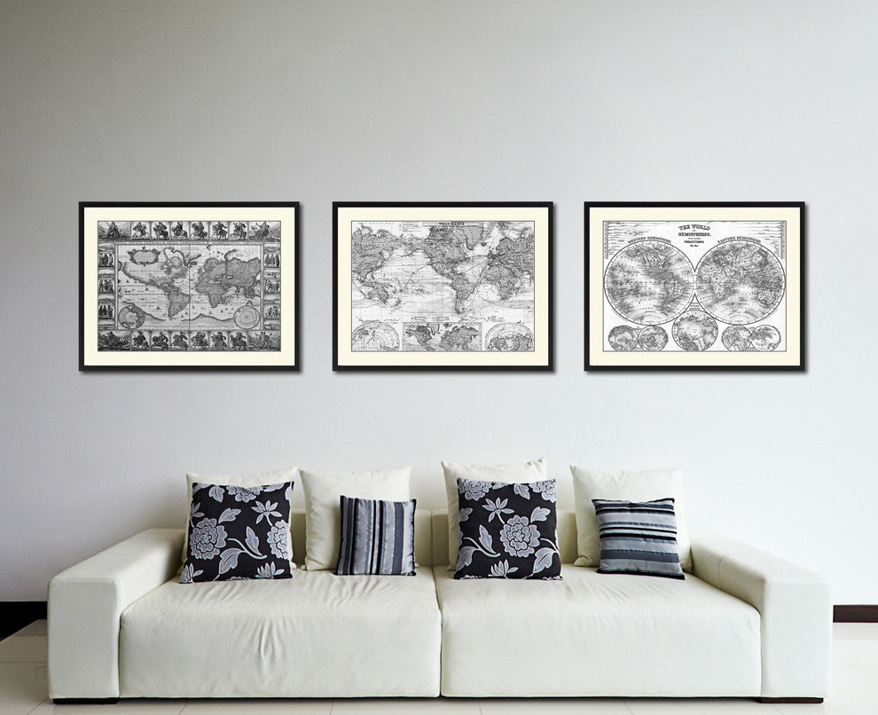 World Ocean Currents Vintage B&W Map Canvas Print, 28"x37"