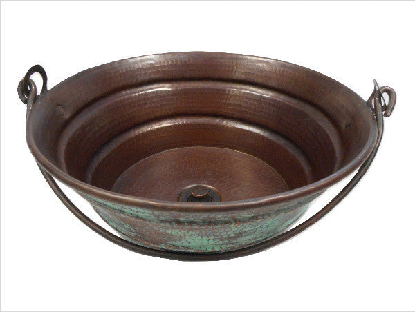 15" Round Copper Vessel Pail Bath Sink with Weathered Green Exterior, LT Drain