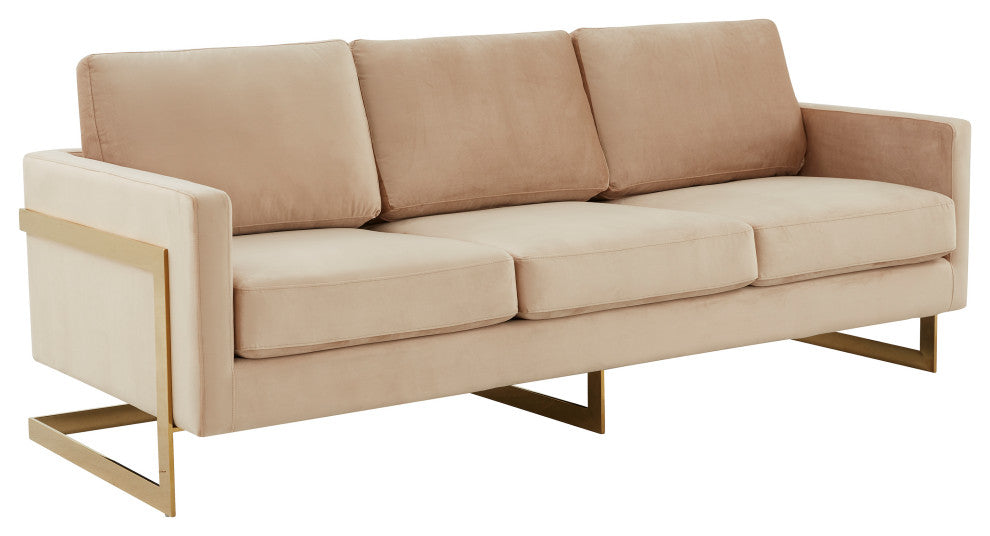 LeisureMod Lincoln Modern Velvet Sofa With Gold Frame, Beige