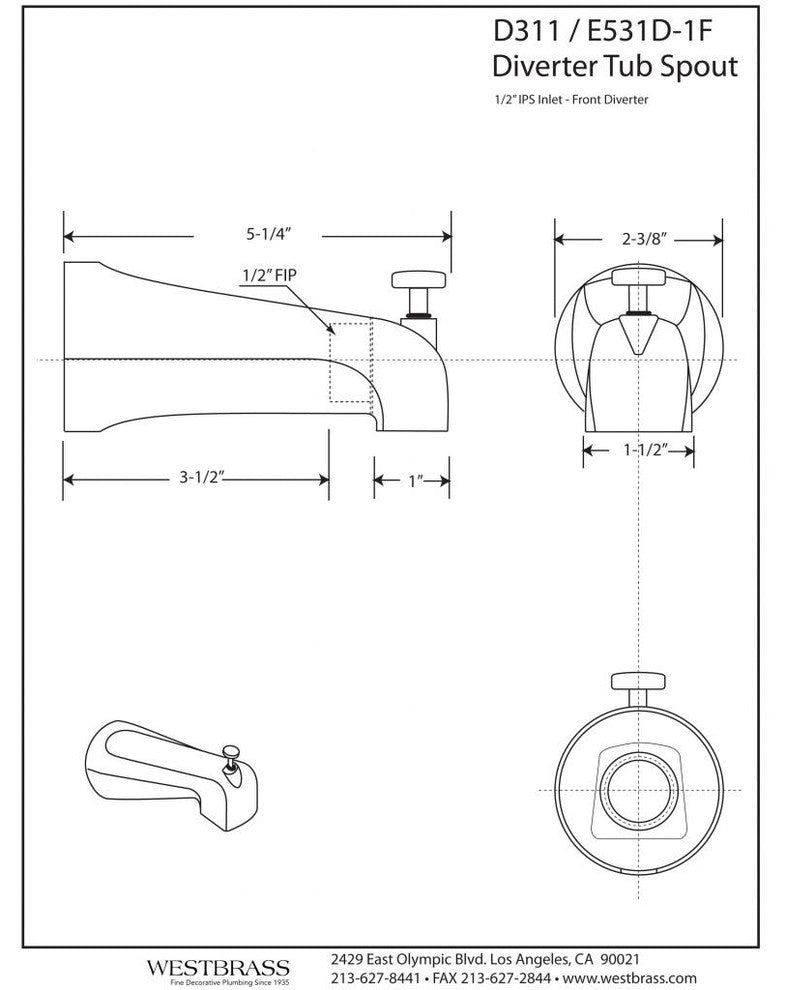 Nose Diverter 5.5" Tub Spout In Satin Nickel