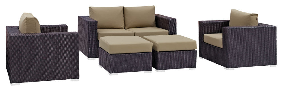Modway Convene 5 Piece Outdoor Patio Sofa Set, Espresso Mocha