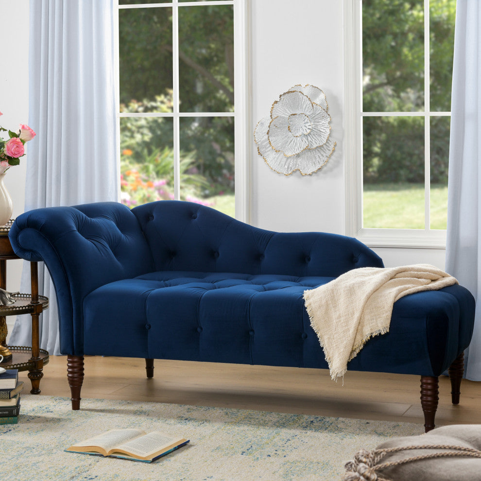 Velvet Tufted Roll Back Chaise Lounge, Navy Blue, RAF