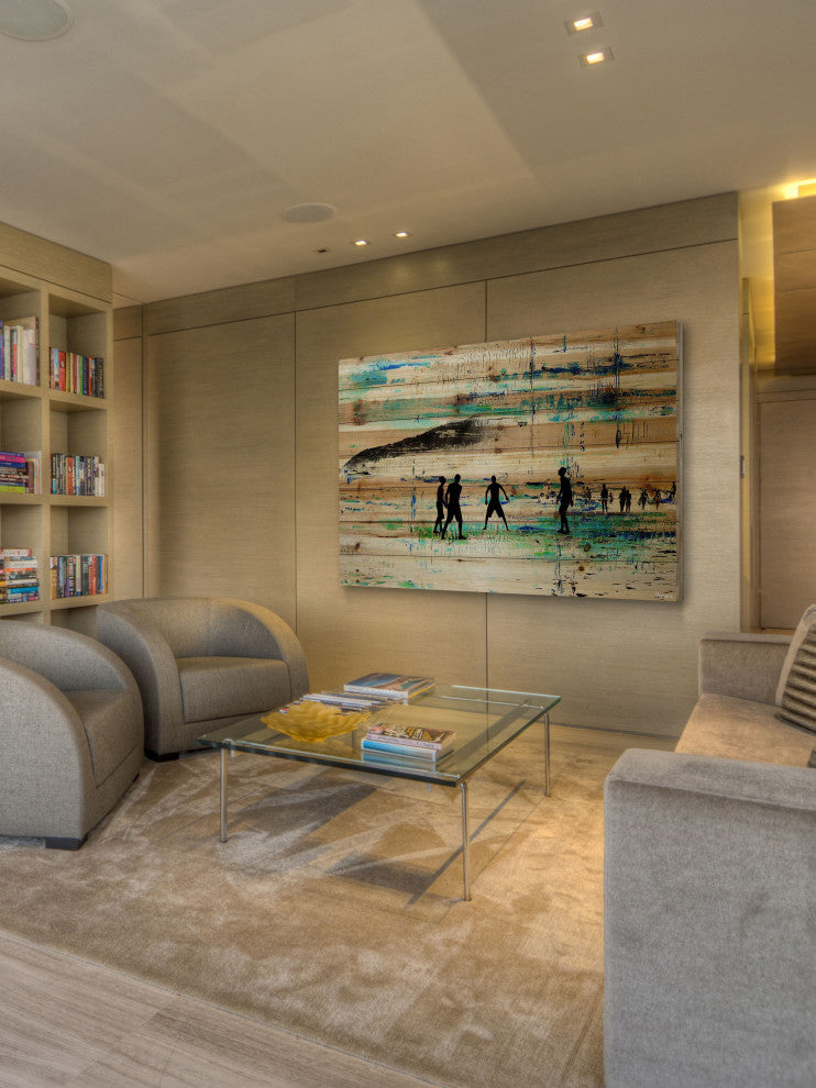 "Evening Beach Green" Painting Print on Natural Pine Wood, 36"x24"