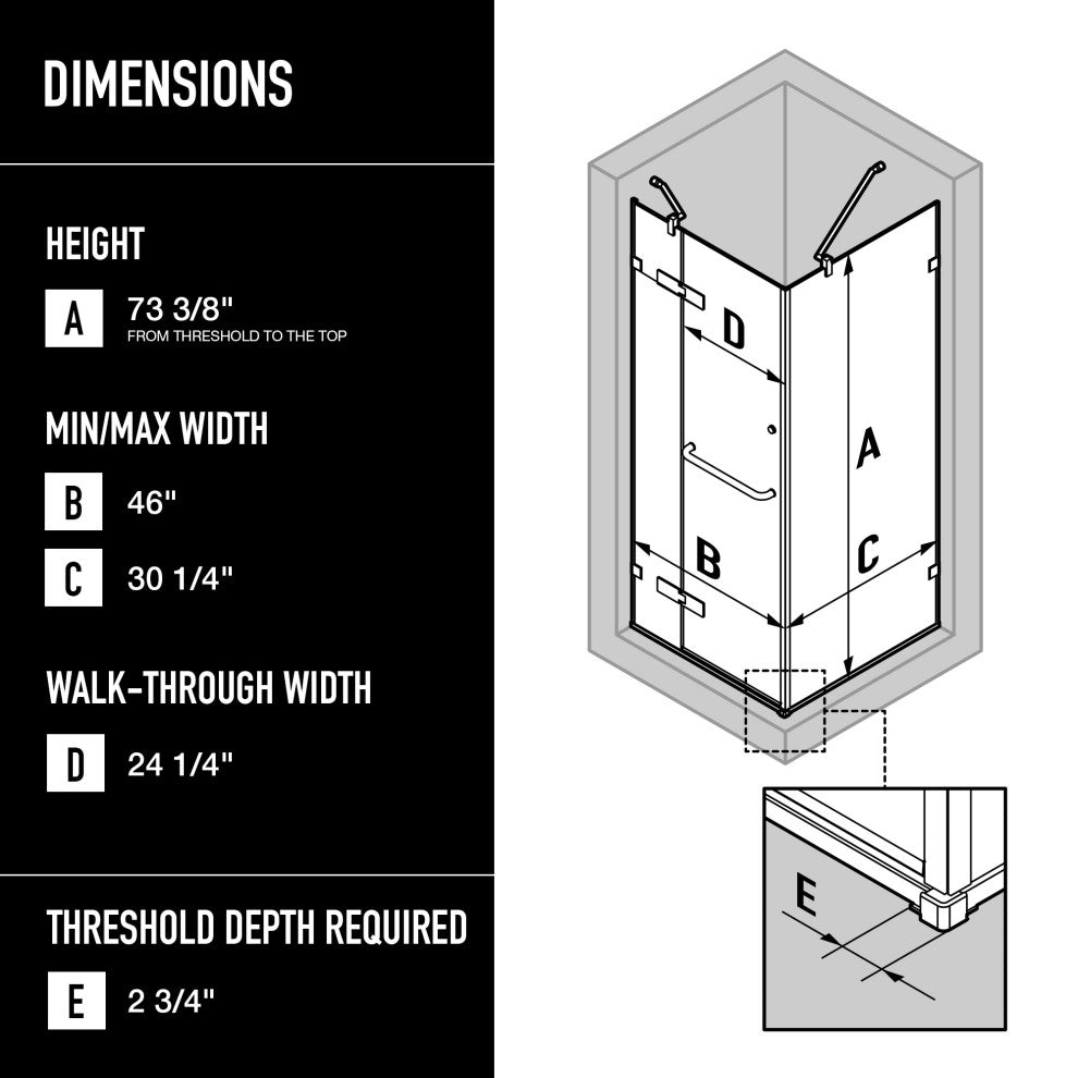 VIGO Monteray 32"D x 48"W x 79"H Frameless Hinged Shower Enclosure, Chrome, Left Base