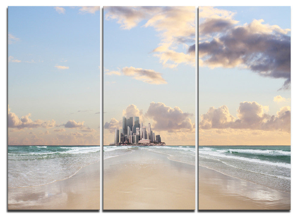 "Road along the Beach to City" Metal Wall Art, 3 Panels, 36"x28"