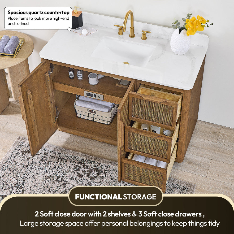 Busan Bath Vanity, Quartz Top No Mirror, Oak Classic Brown, 48", Single Vanity