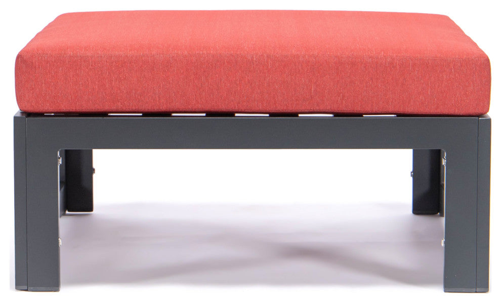 LeisureMod Chelsea Outdoor Black Ottomans With Cushions Set Of 2, Red