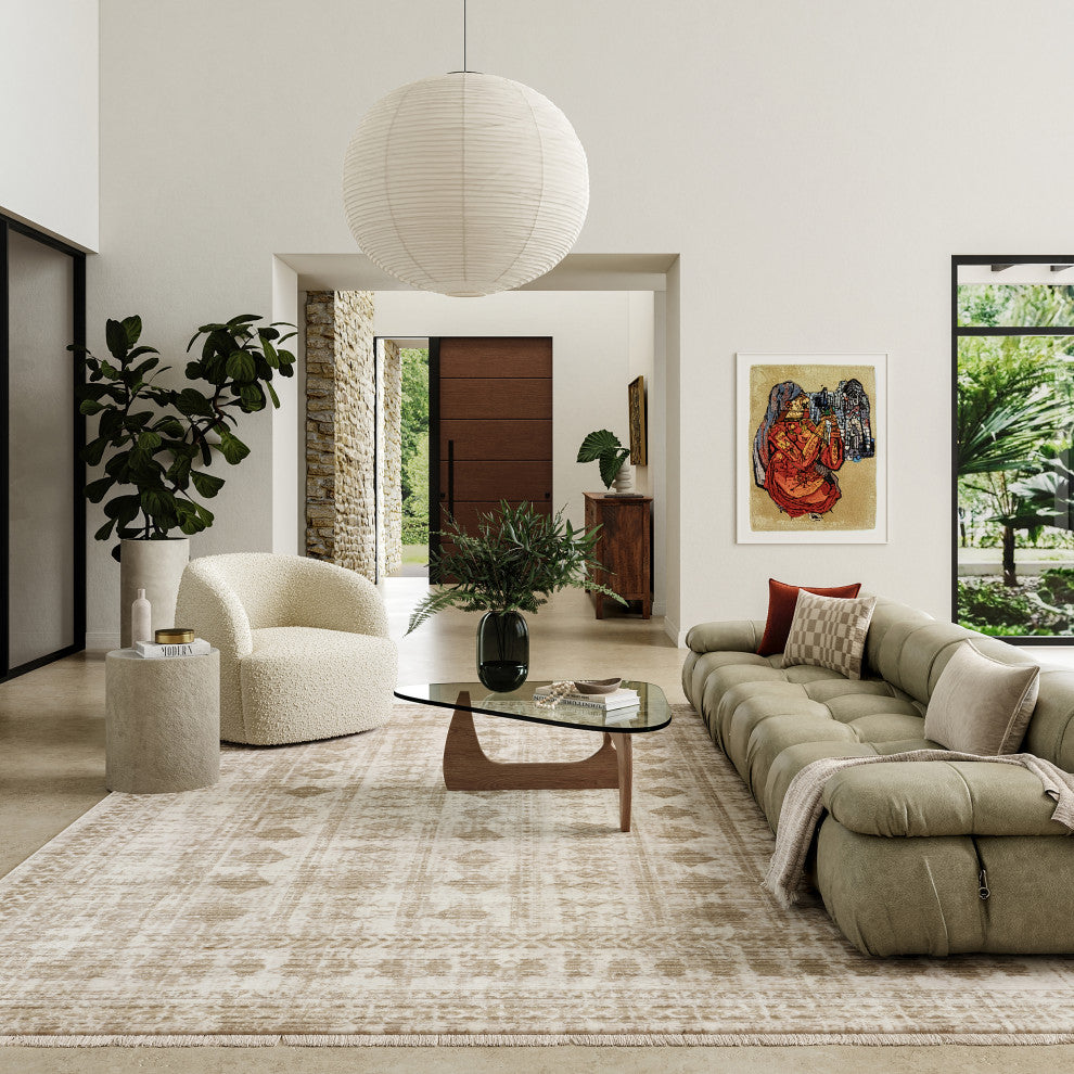 Saturdays Geometric Fringed Area Rug, Light Beige 9' x 12'