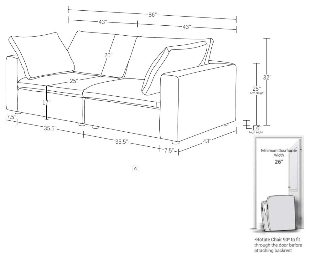 Dante Modular Loveseat Upholstered, Genuine Belfast Fabric, Light Gray