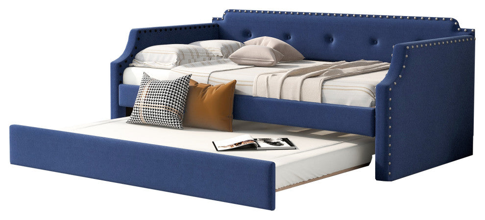 Elegant Linen Upholstered Daybed with Trundle, Blue