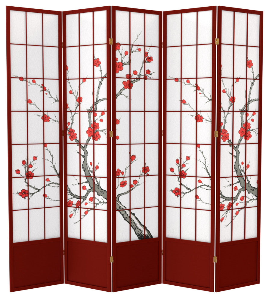 7' Tall Cherry Blossom Shoji Screen, Rosewood, 5 Panels