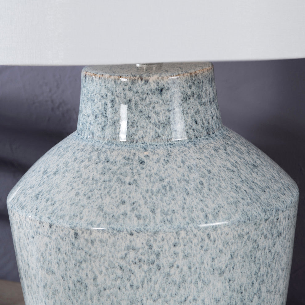 27"H Blue Ceramic Table Lamps With White Tapered Drum Shade