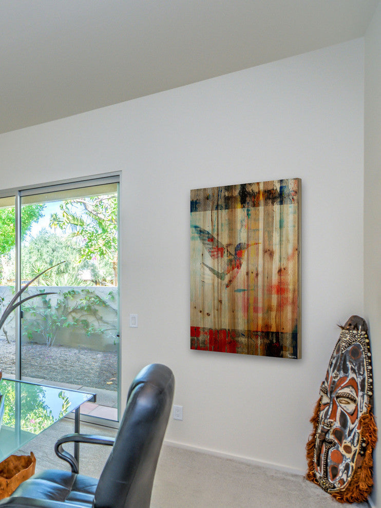 "Humming Bird Flies" Print on Natural Pine Wood, 24"x36"