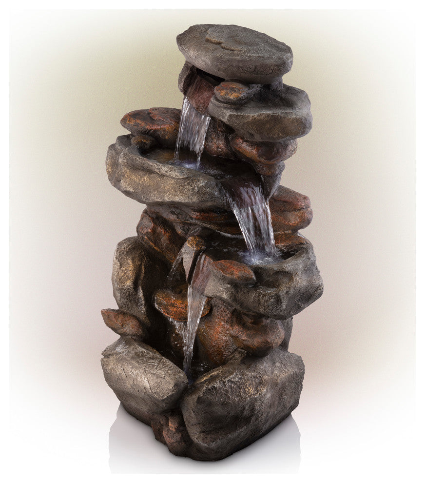 40" Tall Outdoor 4-Tier Rock Water Fountain with LED Lights