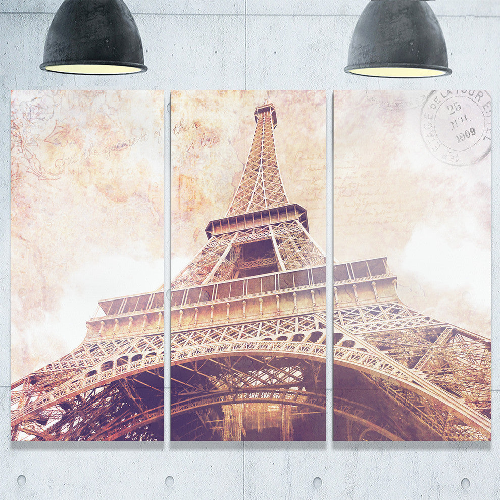 "Paris Eiffel Tower Paris Postcard Design" Metal Wall Art, 3 Panels, 36"x28"