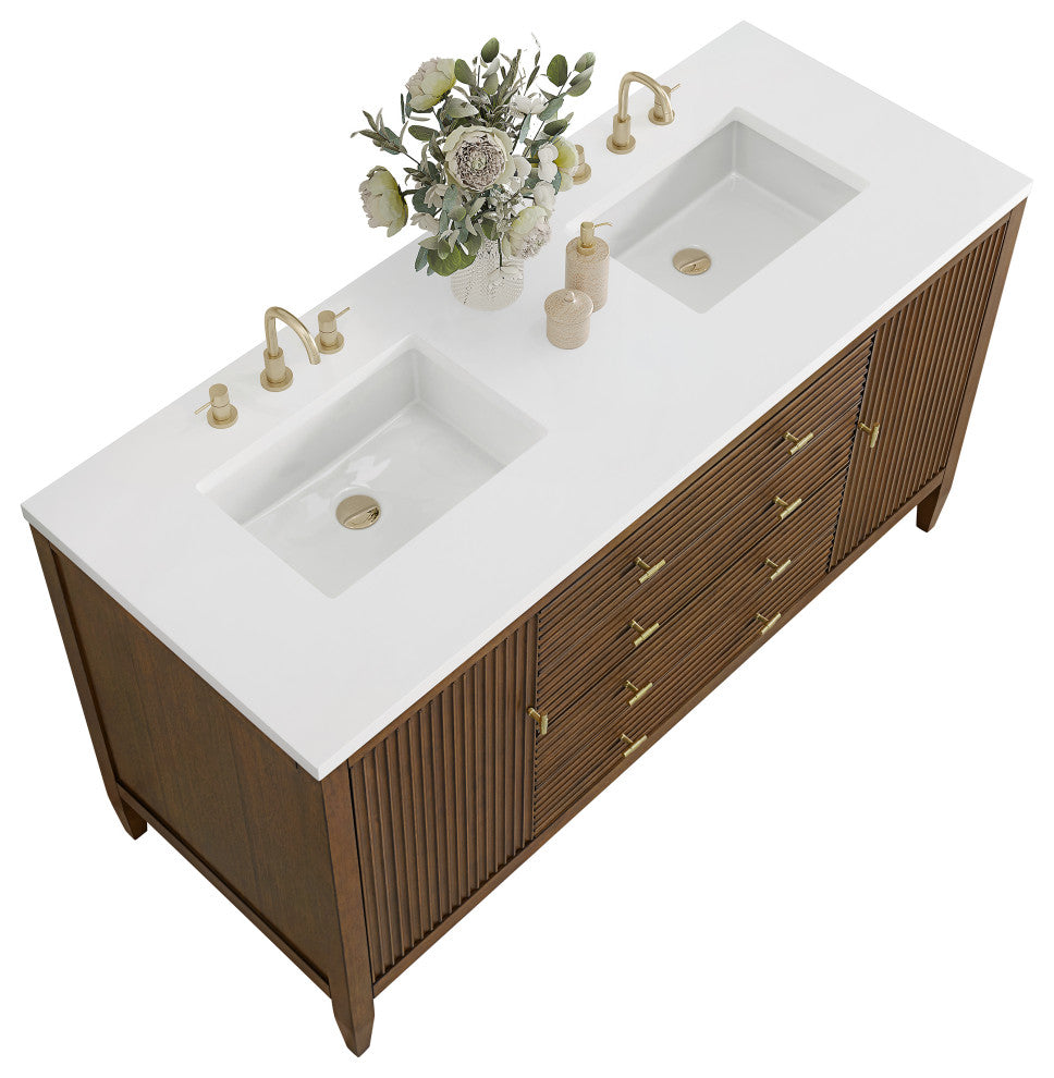 Myrrin 60" Double Vanity, Mid Century Walnut, 3 CM White Zeus Top