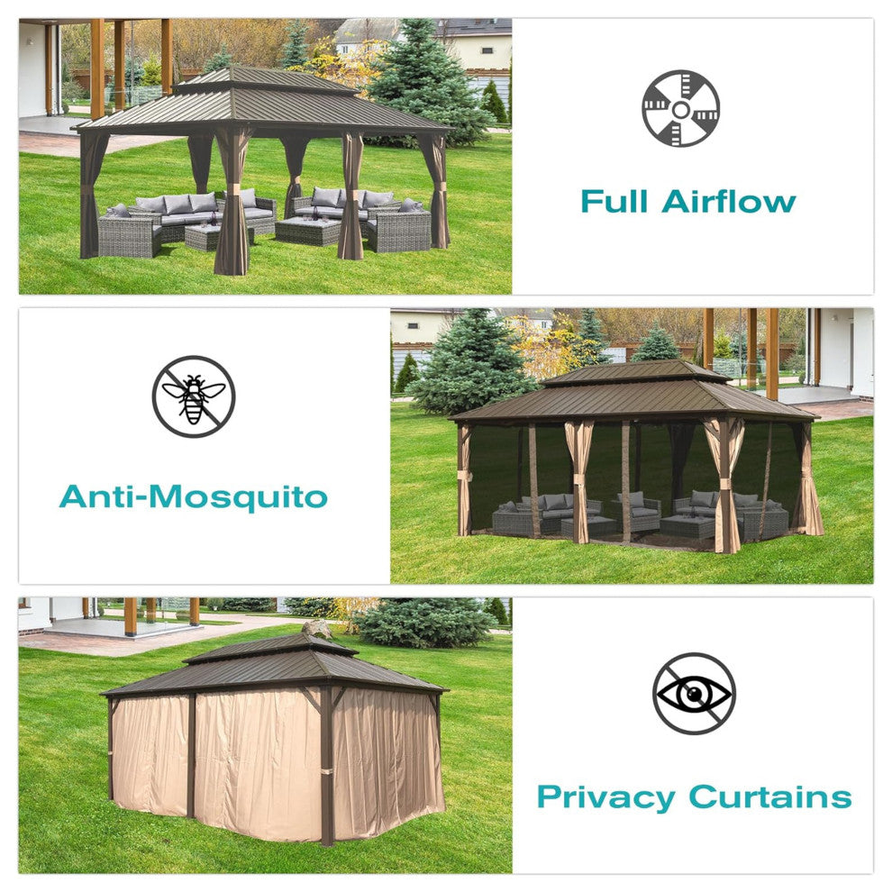 Hardtop Gazebo, Aluminum Metal Gazebo with Galvanized Steel Double Roof, Brown