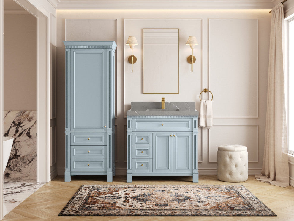 Paris 36" Center Sink Bathroom Vanity, Blue Heather 2" Piatra Gray
