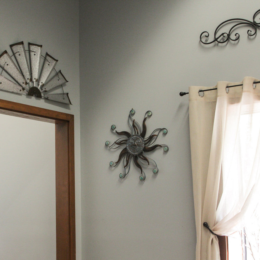 Antique Copper Finish Metal Sun Face Wall Hanging With Ceramic Bead Accents