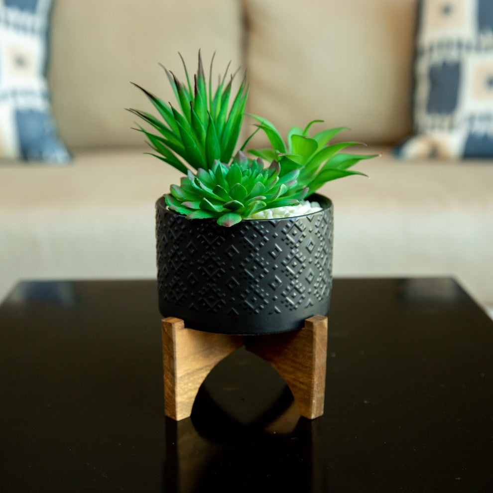 5" Indian Ceramic Planter On Wood Stand, Matte Black