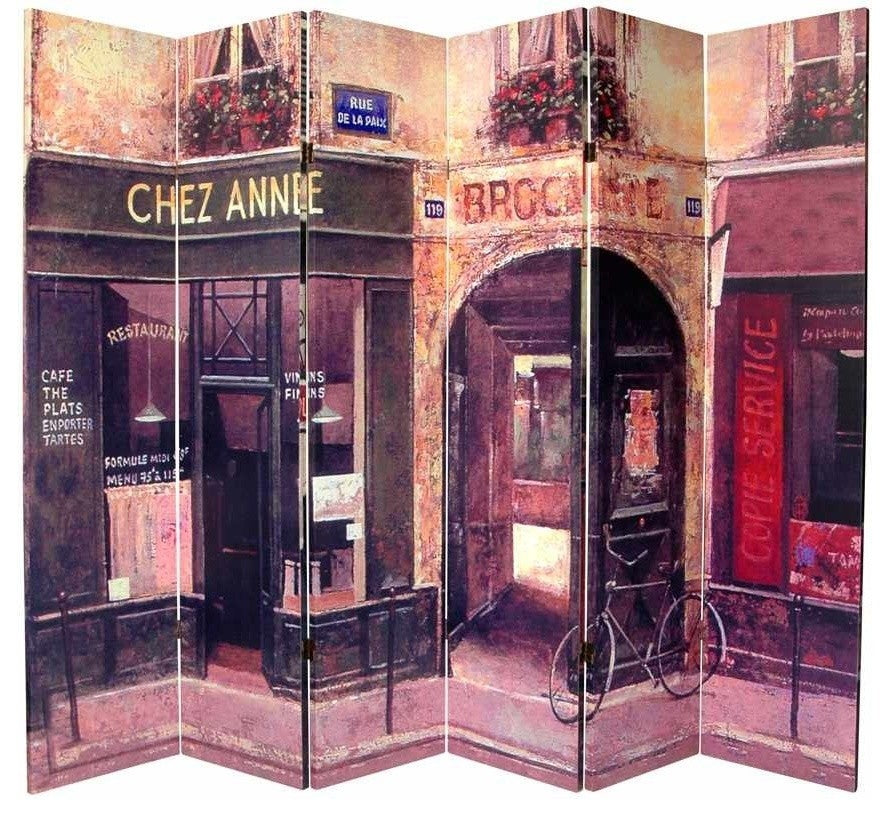 6' Tall Double Sided French Cafe Canvas Room Divider 6 Panel
