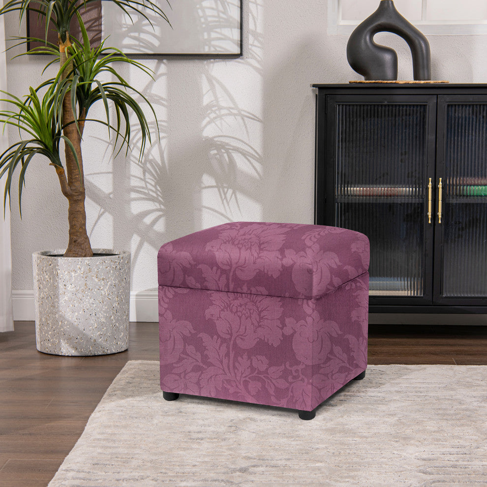 Jacob 18" Storage Cube Ottoman, Purple Floral Sateen Jacquard