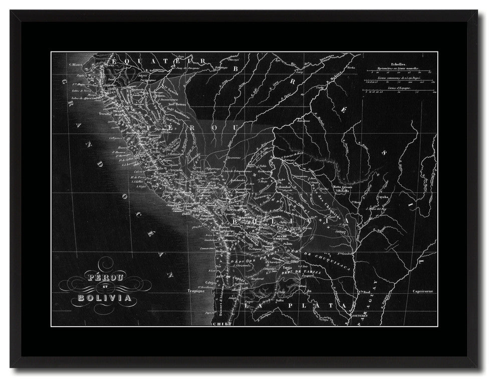Peru Bolivia Vintage Monochrome Map Canvas, 28"x37"