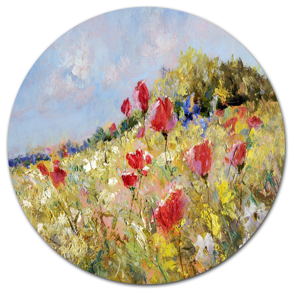 Painted Poppies On Summer Meadow, Landscape Round Metal Wall Art, 23"