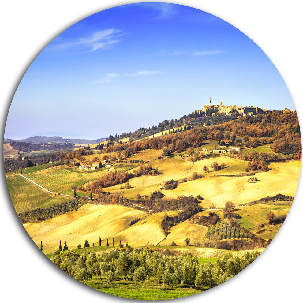 Pienza Medieval Village Italy, Landscape Disc Metal Artwork, 11"