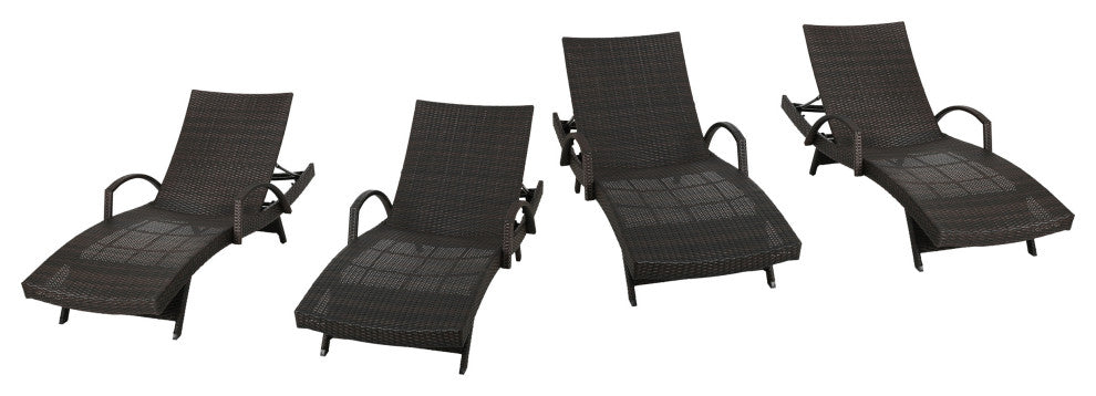 GDF Studio Olivia Outdoor Brown Wicker Armed Chaise Lounge Chairs, Set of 4