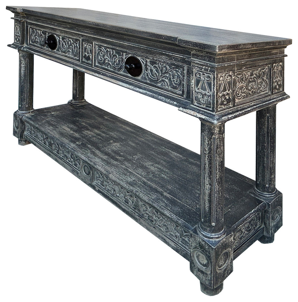 Distressed Black Gray Relief Floral Motif Tall Credenza Console Cabinet Hws4346