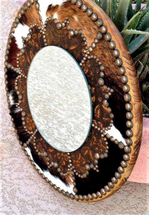 Cowhide and Leather Decorative Western Mirror, 24"